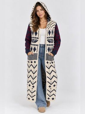 Hooded Knit Long Cardigan - Cream, Navy & Red